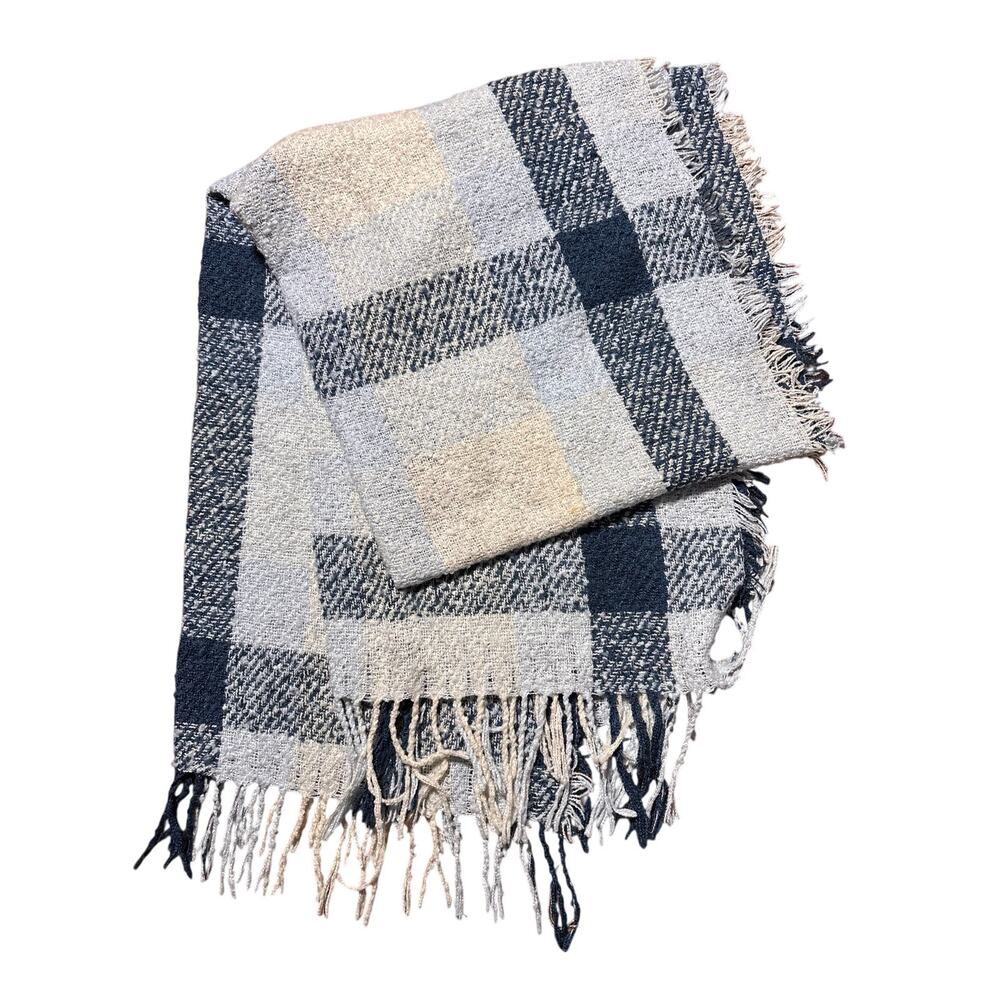 Blue & Ivory Plaid Lightweight Blanket Scarf with Fringe